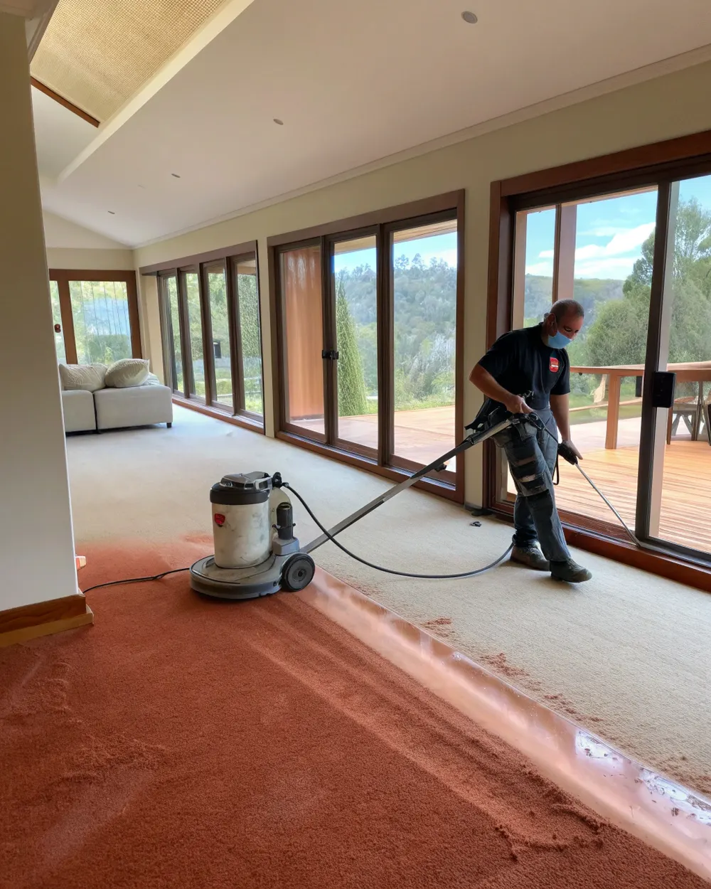 Professional cleaner operating a carpet steam cleaner