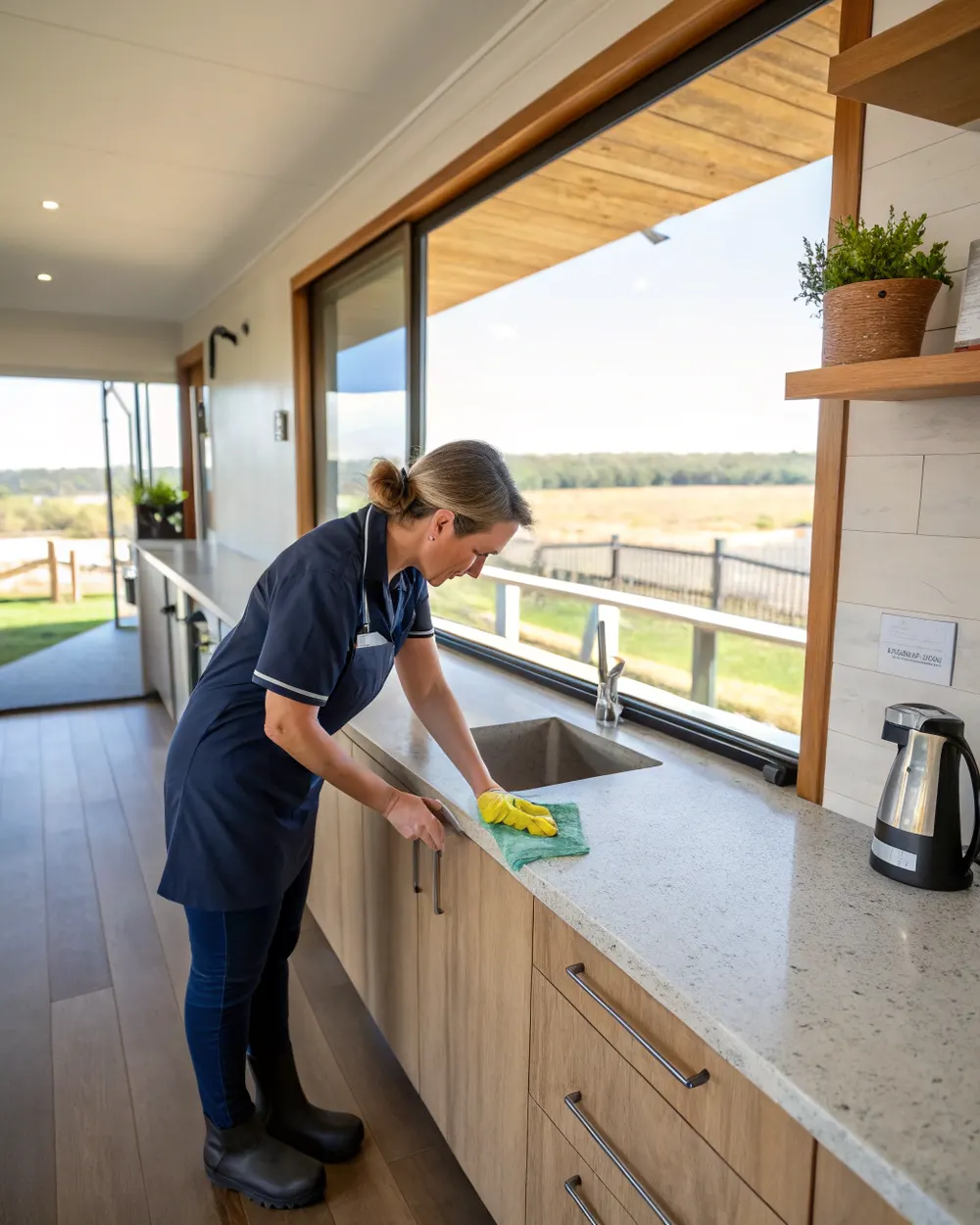 Professional cleaner in uniform wiping down a surface