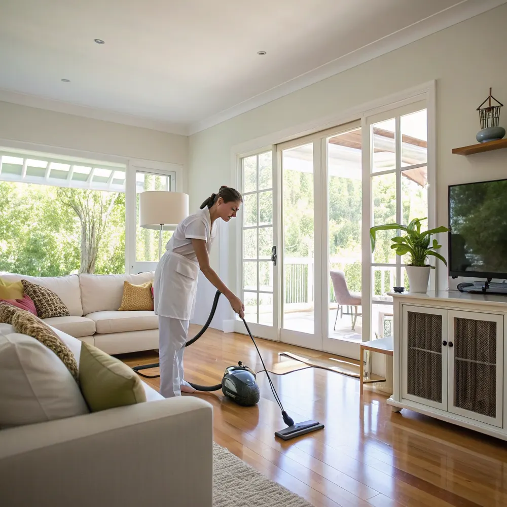 Professional home cleaner vacuuming a bright family living room in Kleinton Toowoomba