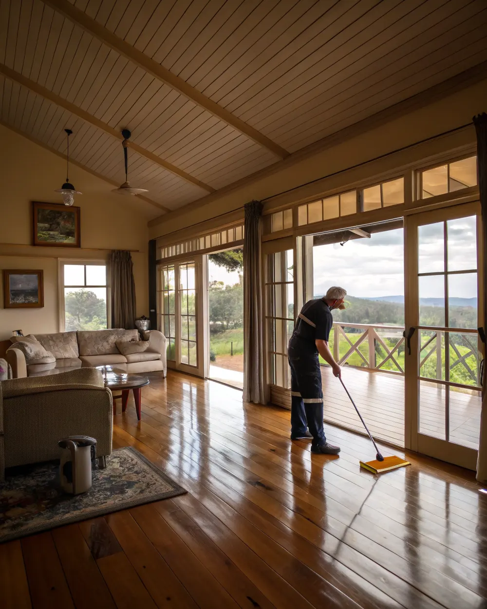 Wide-angle interior view of a freshly cleaned home